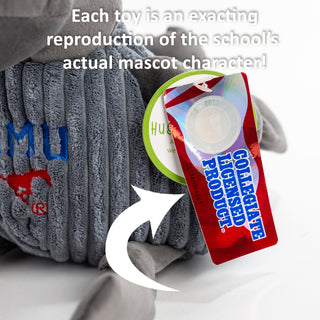 Close up of "Collegiate Licensed Product" tag on University Mascot Knottie® plush dog toy and text "Each toy is an exacting reproduction of the school's actual mascot character!"