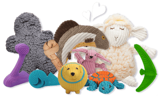 Collection of all huggleHounds types of toys, including our toughest Tuffut and Ruff-Tex to a softest Knotties and plush