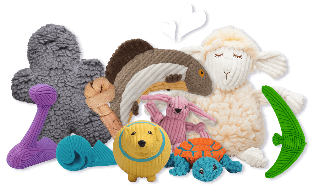 Collection of all huggleHounds types of toys, including our toughest Tuffut and Ruff-Tex to a softest Knotties and plush