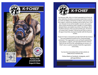 This is a closeup of K-9 Chief's hang tag that is attached to the toy. The front is a photo of the real K-9 Chief wearing his eye patch. There is a QR code for Project K-9 Hero. The back side is Chief's story. Proceeds from the sale of this toy goes to Project K-9 Hero through our HuggleCause program.