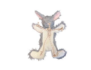 Plush gray birch bunny faded out to show the internal "x-brace" skeleton that is sewn to the head and threaded throughout the body for added strength.