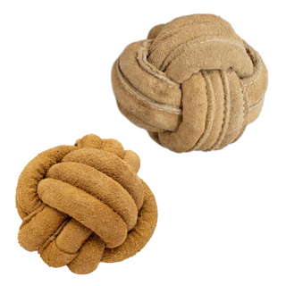 2-pack Tan natural leather knotted ball dog toys in medium.