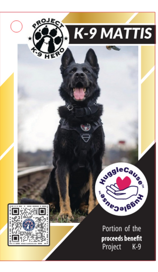 Product tag showing K-9 Mattis with HuggleCause™ logo, Project K-9 Hero logo, and QR code for more information.
