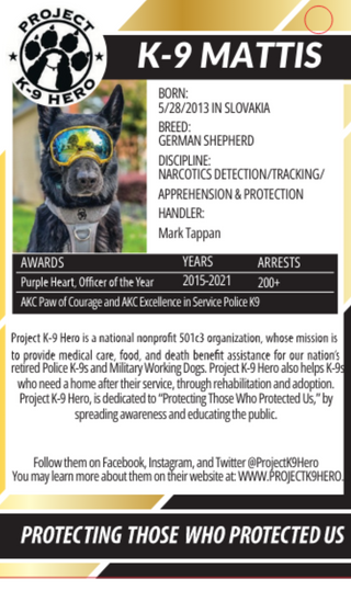 Back of product tag with information about K-9 Mattis.