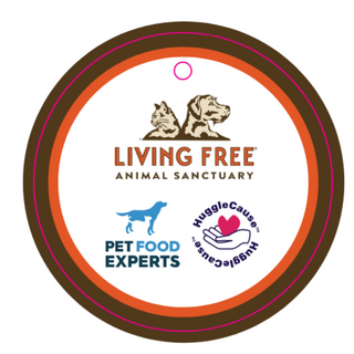Product tag with three logos: Living Free Animal Sanctuary®, Pet Food Experts®, HuggleCause™.