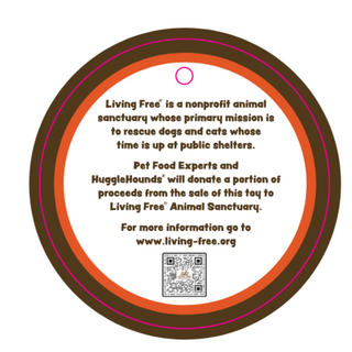 Back of product tag describing the mission behind Living Free® and Pet Food Experts® with more information being at www.living-free.org and a QR code to scan for additional information.