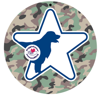 Product tag with camo background, Warrior Canine Connection logo, and HuggleCause™ logo.