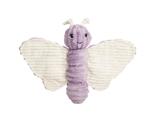 This is the smaller of the two butterflies. She is purple with white wings and antenna. The purple is very rich and soft looking, it is a light violet color. The inside of the wings is white corduroy plush with purple stitching. The eyes are black with white pupils and long eyelashes. The butterfly have a slight smile.
