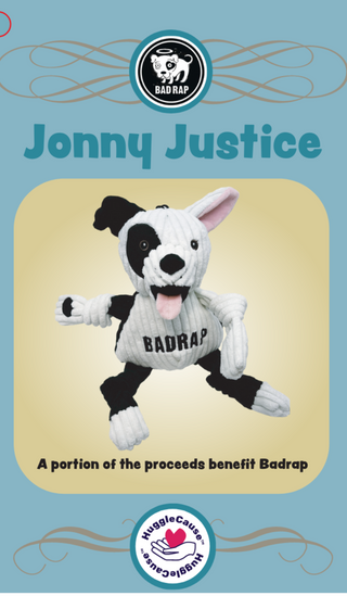 Tag that comes on Jonny Justice Knottie® with the BadRap logo, Jonny Justice's name, text that reads "A portion of the proceeds benefit Badrap", and the HuggleCause logo.