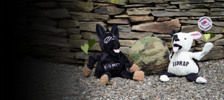 A banner featuring two plush dog toys: one with black fur and the other with white fur and black spots. In between the toys is an army camouflage pattern with various shades of green, green-brown, and black. Both toys are sitting on small pebbles, with a stacked stone wall in the background.