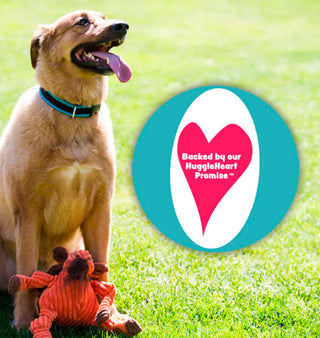 Dog posed with orange and brown Morris Moose Knottie® plush dog toy to the right of the HuggleHeart Promise logo reading "Backed by our HuggleHeart Promise™"