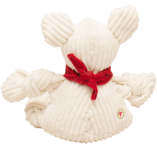 Back view of dog shaped durable plush dog toy: has white fur, knotted red bandana, HuggleGroup logo on the lower ride side of the back, with knotted limbs, and is squeaky.