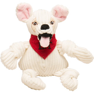 Chihuahua mix durable plush corduroy dog toy: has white fur, pink inner-ear, beige outer-ear, black eyes, white pupils, plush-out black nose, black mouth, pink tongue, wearing a red bandana with the initials "L.T", white fur, white furred knotted limbs, and is squeaky.