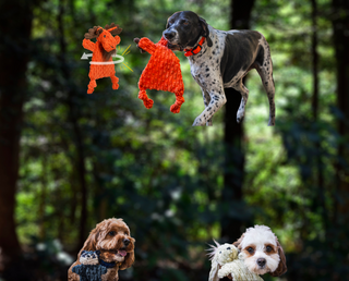 Mobile banner for HuggleGroup’s Flatties toy line, featuring flat, crinkly, animal-inspired dog toys. A green forest background with brown trees frames three dogs, each holding a different Flattie. At the bottom, one dog holds a raccoon Flattie and another holds a bunny Flattie. At the top, a brown and white dog holds a moose Flattie in its mouth, shown next to a full product image of the moose Flattie.
