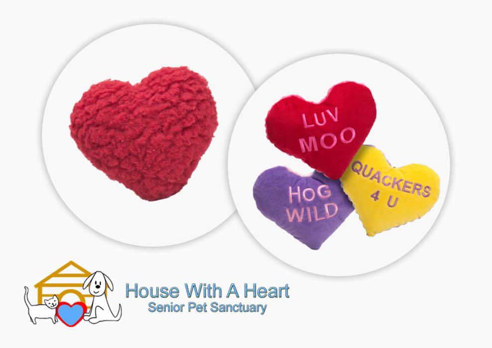 House With A Heart logo next to 4 plush candy hearts in red, yellow, and purple.