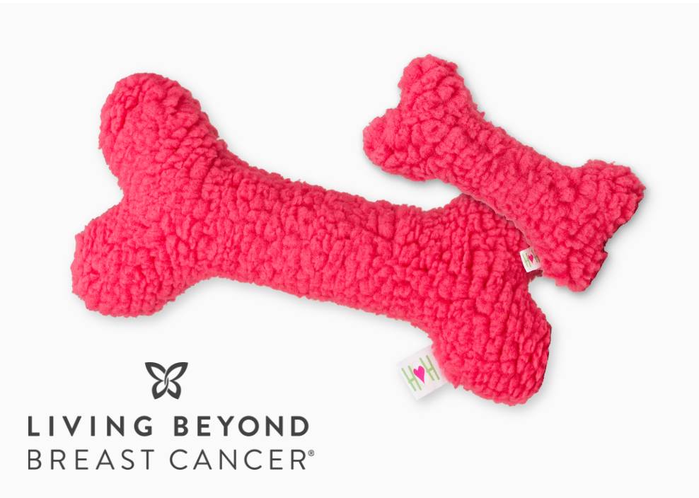 Living Beyond Breast Cancer logo next to hot pink HuggleFleece® bones