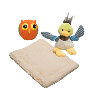 Set of three natural colored mat, squeaky ball shaped owl dog toy, duck shaped plush dog toy: Owl has orange fur, green wings, and yellow feet. Duck has brown hair, green head, yellow beak, brown neck, white stomach, gray-blue and blue knotted arms, and yellow knotted legs. Mat is in the size extra small and is in the color natural.
