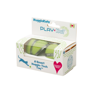 PlayKat™ ball cat toy packaging with clear window showing green PlayKat™ ball and replacement shell.