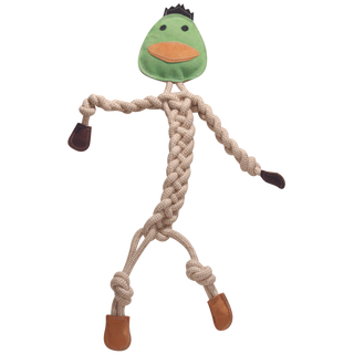 Green duck all natural rope dog toy with a green leather face, yellow leather bill, black leather hair, brown leather hands and tan leather feet, with a rope body, arms, and legs.