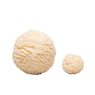 Set of two natural colored HuggleFleece® plush ball dog toys in small and large.