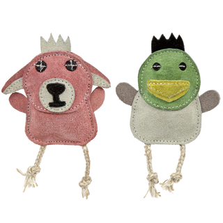Set of two all-natural leather dog chew toys with rope legs designed for pint-sized pups: pink bunny with white hair, inner ears, and around the mouth, black eyes and mouth; green and gray duck with green head, gray body and arms, black hair and eyes, and yellow bill.