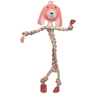 Pink bunny all natural rope dog toy with a pink leather face, white leather hair, pink leather hands and feet, with a rope body, arms, and legs.