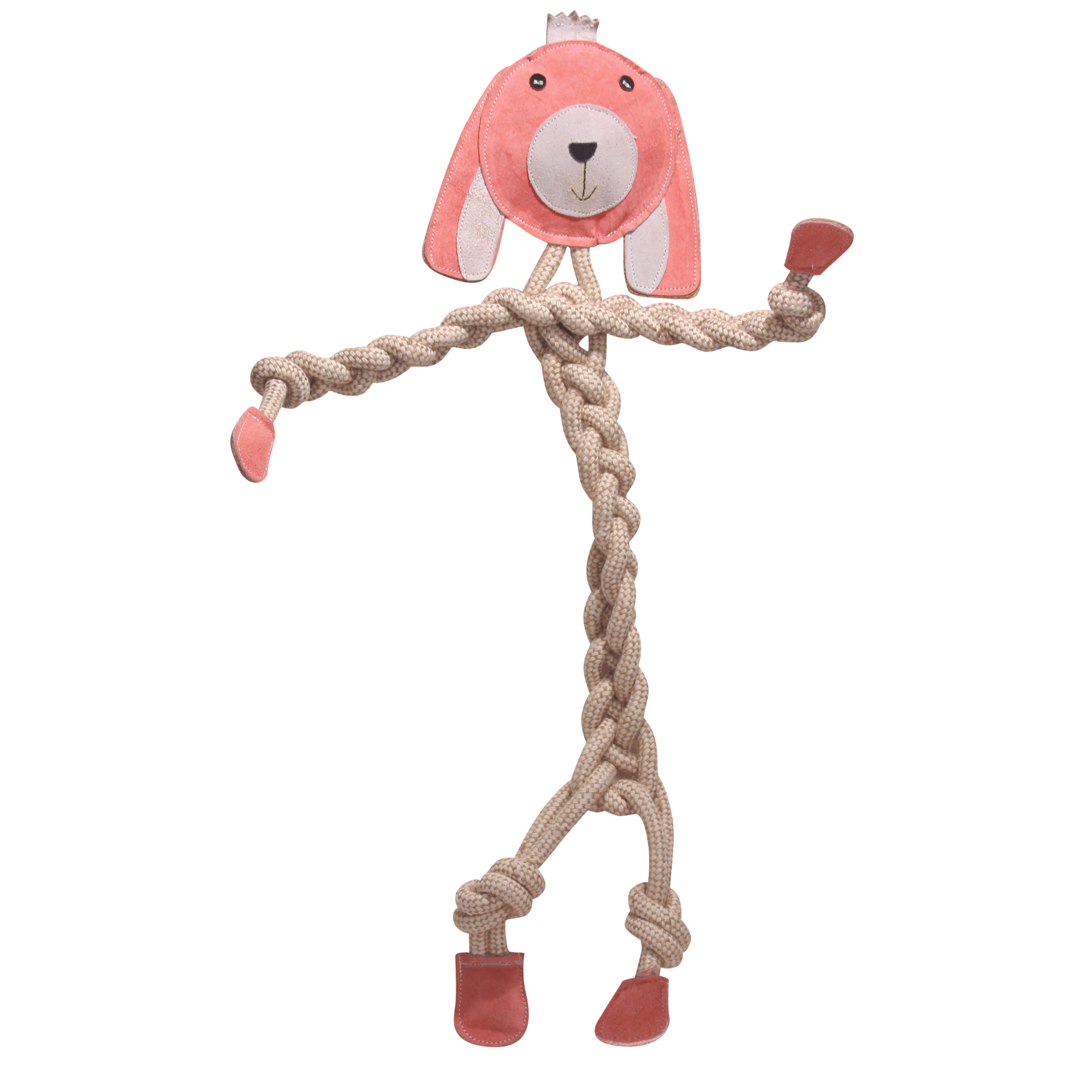 Large Bitsy the Bunny Natrual Rope dog toy. Bitsy has a pink fur with a pink face, with pink leather hands, feet, and a knotted rope body, arms, and legs. Bitsy is made out of natrual cotton, hemp, leather, coconut fiber materials, and has natrual dyes. 