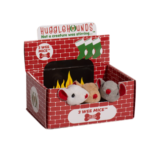 Set of three mice shaped, catnip stuffed cat toys: each mice has black eyes, red inner-ear, and a red nose. There is a white furred mice, a light-brown furred mice, and a gray furred mice. Three mice are sitting in display box packaging designed to look like a classic red brick fireplace.