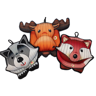 Set of 3, raccoon, moose, and fox, plush dog toys: raccoon has white , gray, and black fur, with gray and black outer-eye, black eyes, black nose, red lips. Moose has orange fur, black eyes, brown nose, brown antlers and feet. Fox has red and white fur, black eyes, white outer-eye, and black nose.