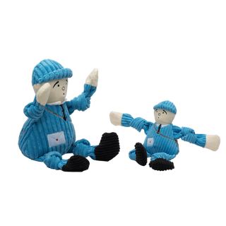 Set of two mail carrier plush corduroy dog toys: has blue hat, black eyebrows, eyes, nose, and mouth, with blue uniform, blue knotted arms and legs, black sneakers, and is squeaky.