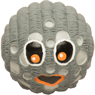 Grey moon with light gray craters with big orange eyes and smile squeaky ball dog toy with corduroy pattern.
