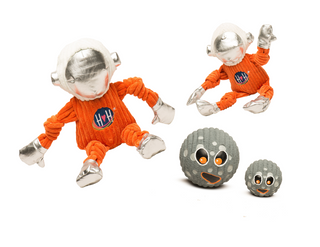 Two sets of two small and two large dog toys: Astronaut durable plush dog toy in orange suit with HH logo on chest, white helmet, and silver face dome, gloves, and boots in small and large, Grey moon with big orange eyes and smile squeaky ball dog toy in small and large.