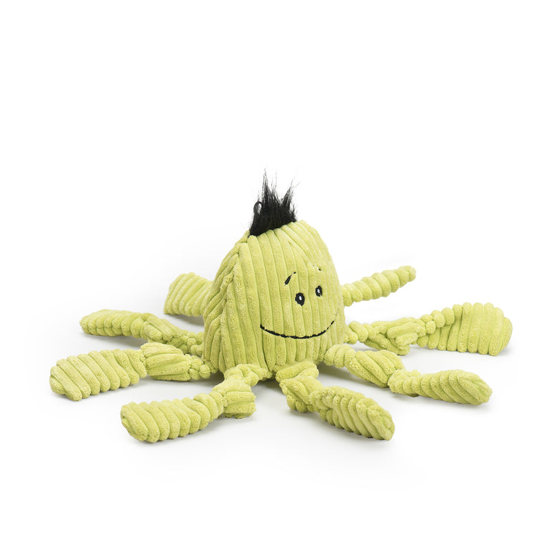 Side view of Octavie Octopus Knotties- Large and small. Large has a green body, smiling face, black spikey hair, and eight arms.