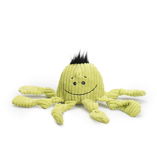 Large Octavie Octopus is lime green with eight knotted legs, black tuft of hair on head and black eyes and smile.