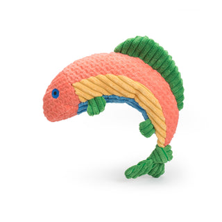 Small arched fish-shaped durable corduroy plush dog toys with green fins, peach, yellow, and blue stripes along body, blue eyes, and knotted tail.