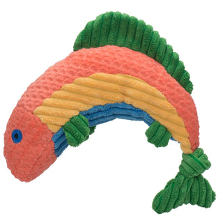 Large arched fish-shaped durable corduroy plush dog toys with green fins, peach, yellow, and blue stripes along body, blue eyes, and knotted tail.