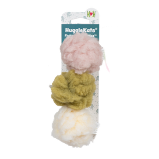 Set of three silvervine stuffed HuggleFleece® balls cat toys on header card: light pink, olive green, and natural cream colored.