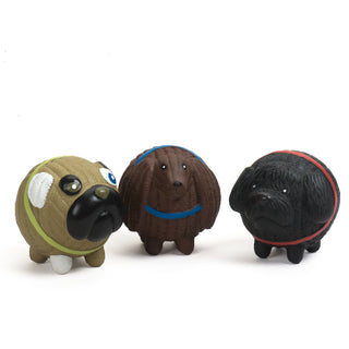 Set of three squeaky latex ball dog toys: brown, white, and black pug with lime green collar, brown dachshund with blue collar, and black cockapoo with red collar.