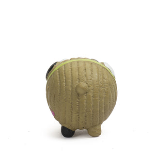 Back view of brown, white, and black pug with lime green collar squeaky latex ball dog toy.