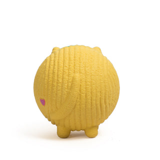 Back view of yellow golden retriever squeaky latex ball dog toy. HuggleGroup™ heart logo is located left of the tail.