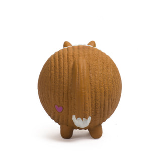 Back view of brown and white collie squeaky latex ball dog toy. HuggleGroup™ heart logo is located left of the tail.
