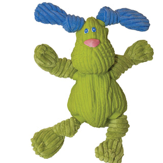 Bunny shaped squeaky dog toy made of a combination of latex body and head with plush knotted ears and limbs: lime green body and limbs, blue eyes and ears, and pink nose