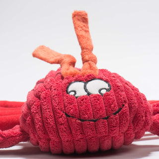 Close up of lobster shaped durable plush dog toy face: has a happy facial expression, googly eyes, and orange antennas.