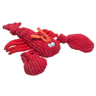 Size large lobster entirely red with two claws and eight legs with knotted tail, orange antennae, and silly face.