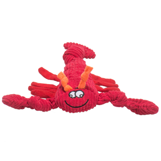 Size small lobster entirely red with two claws and eight legs with knotted tail, orange antennae, and silly face.