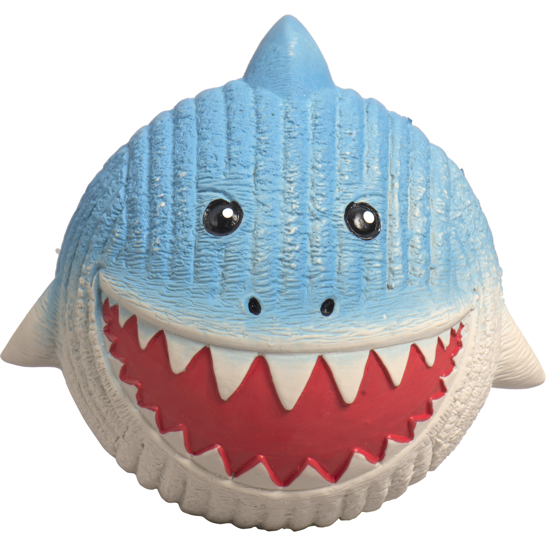 Large Shark dog toy made of thick-walled latex and have excellent tear-resistance and are bouncable. The shark has blue top and on it's bottom it's white. It has white teeth and a red mouth.