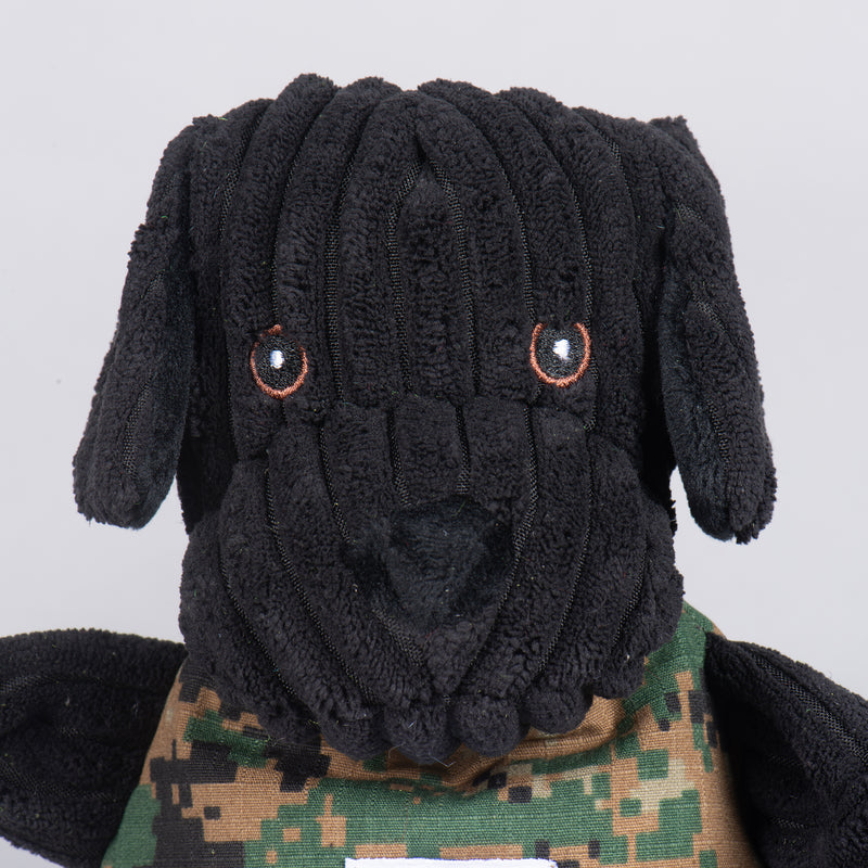 Close up of Luke Lab Knottie's face. Black corduroy with black nose, floppy ears, and brown eyes.