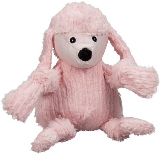 Pink fuzzy poodle durable plush corduroy dog toy with knotted limbs and black eyes and nose. Size large.