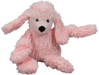 Pink fuzzy poodle durable plush corduroy dog toy with knotted limbs and black eyes and nose. Size small.