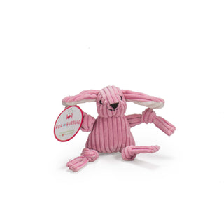 Pink bunny with white ears tiny plush corduroy dog toy with knotted limbs designed for toy-sized dogs.